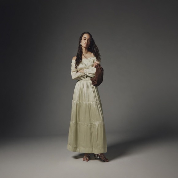 Anthropologie Dresses & Skirts - Anthropologie Somerset Off-Shoulder Maxi Dress Green Shimmer Size Small Tiered